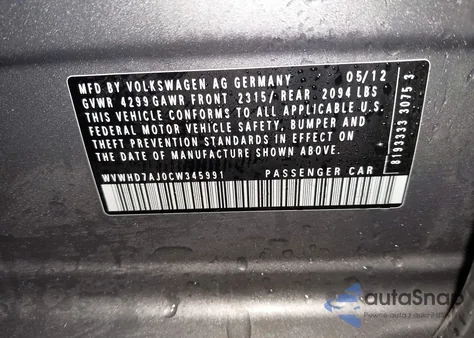 2012 Volkswagen Gti 4-Door z USA, uszkodzony, nr VIN WVWHD7AJ0CW345991